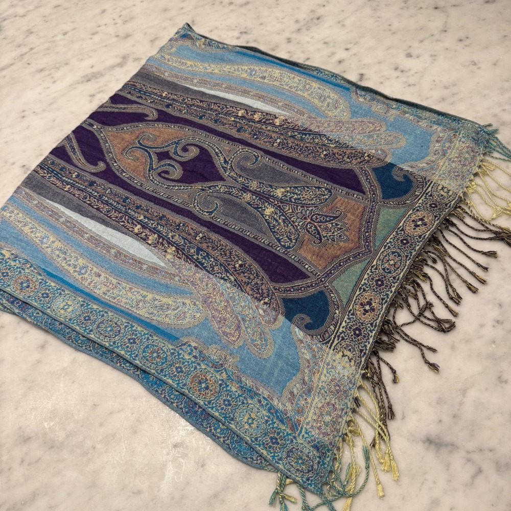 Blue Purple Gold Paisley Pashmina Scarf Fringed Boho Shawl Wrap 76x20